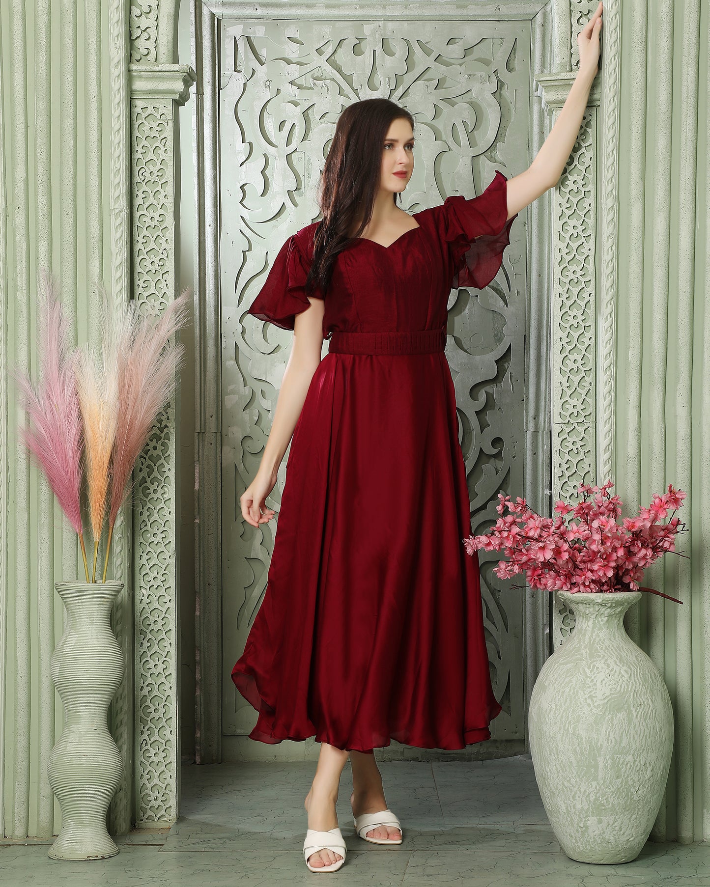 Cherry Red Partywear Heart Neck Dress