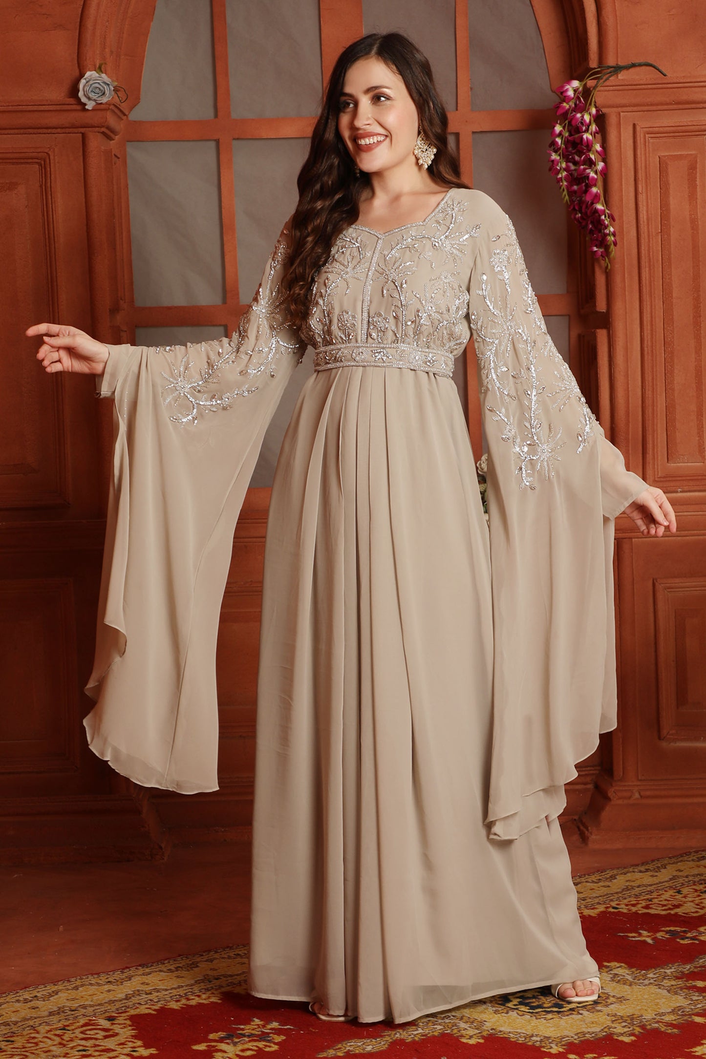 Silver Crystal Embellished Empire-Waist Dress in Beige - Maxim Creation