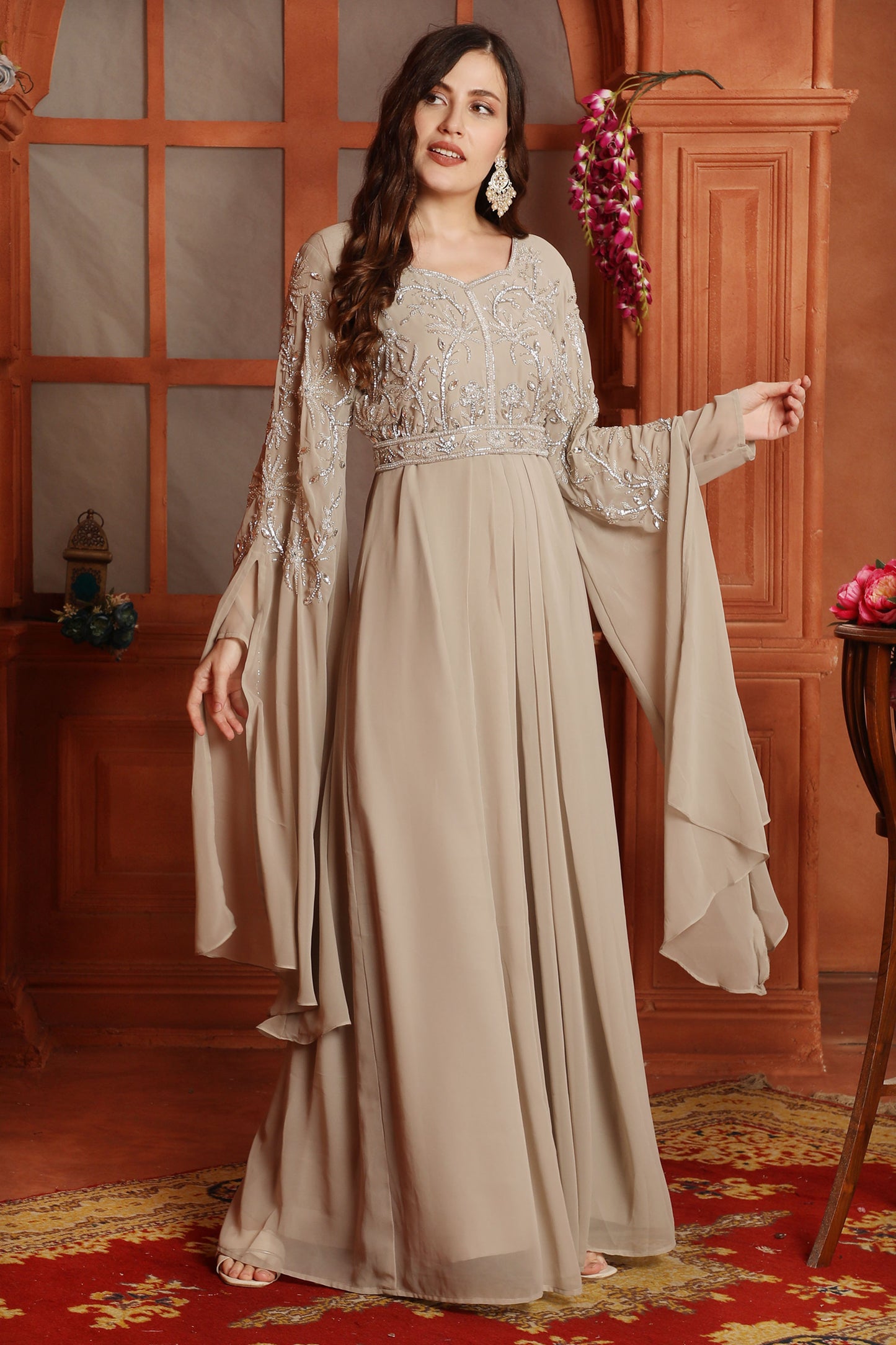 Silver Crystal Embellished Empire-Waist Dress in Beige - Maxim Creation