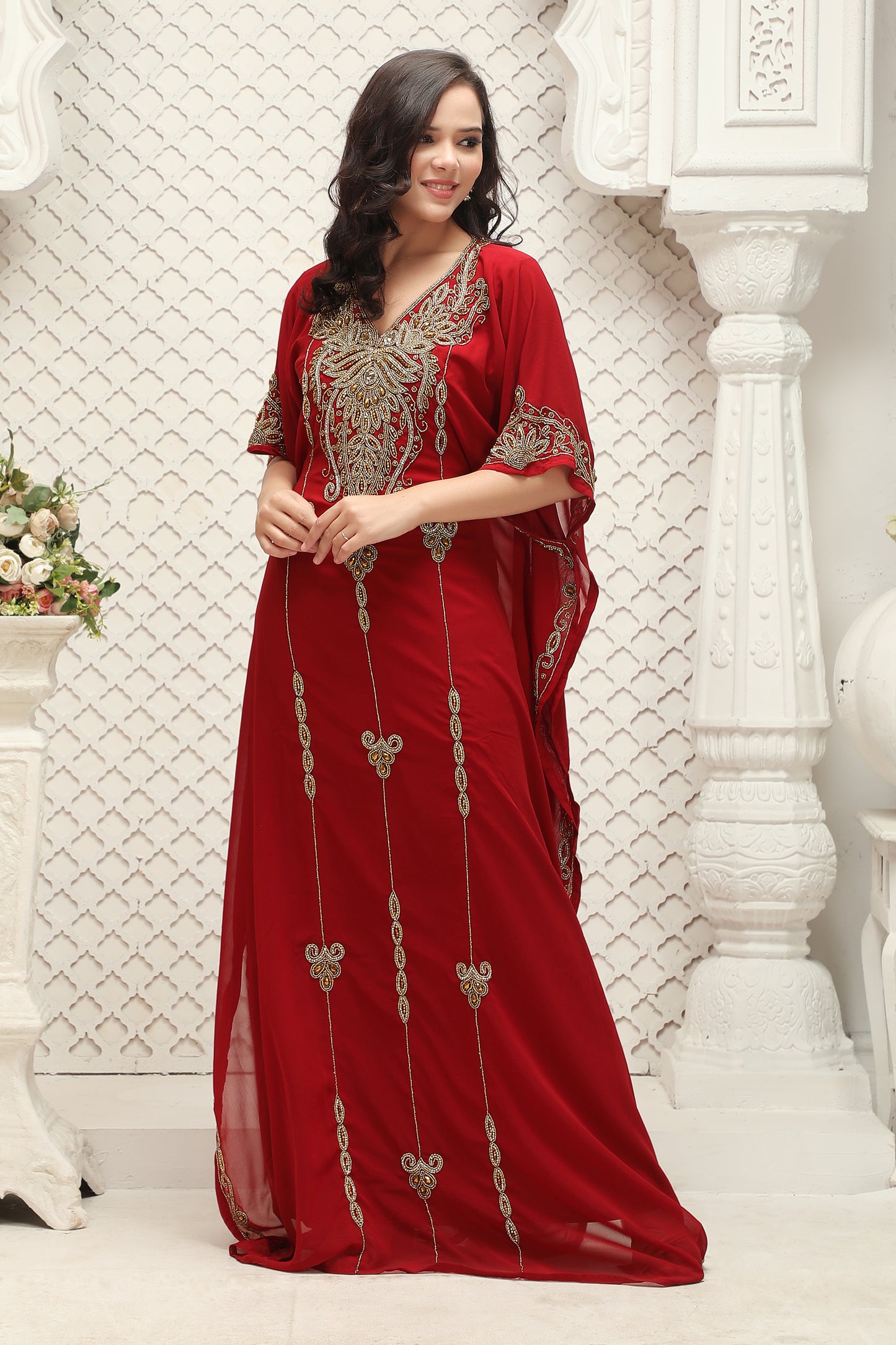 Royal Red Embroidered Kaftan Gown with Gold Handwork Detailing - Maxim Creation