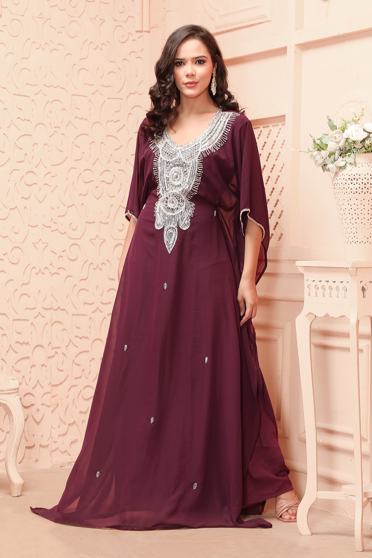 Elegant Maroon Embroidered Kaftan Gown with Silver Handwork Neck Detailing - Maxim Creation