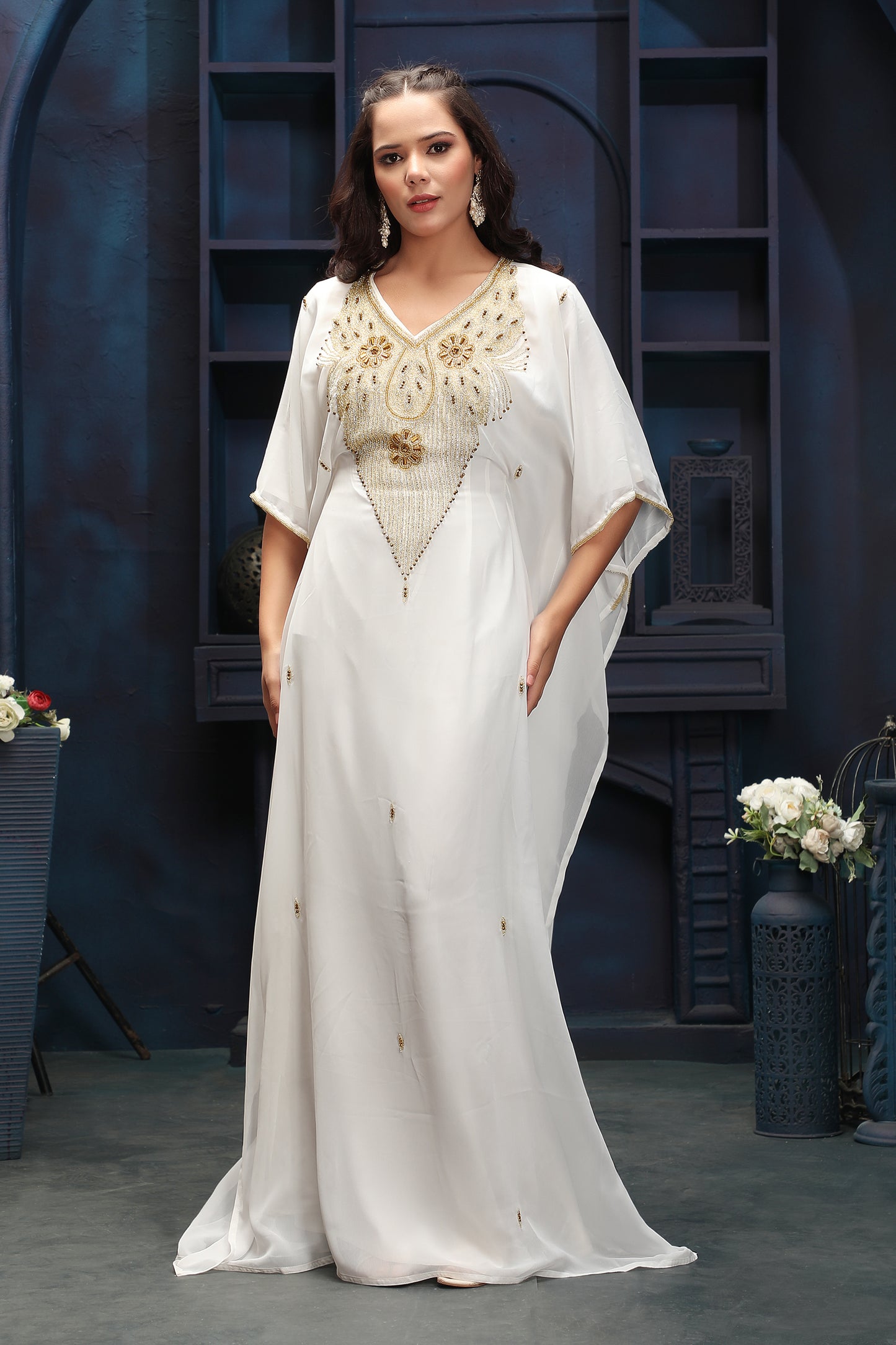 Luxury White Kaftan Dress with Rich Gold Embroidered Neck Design - Maxim Creation