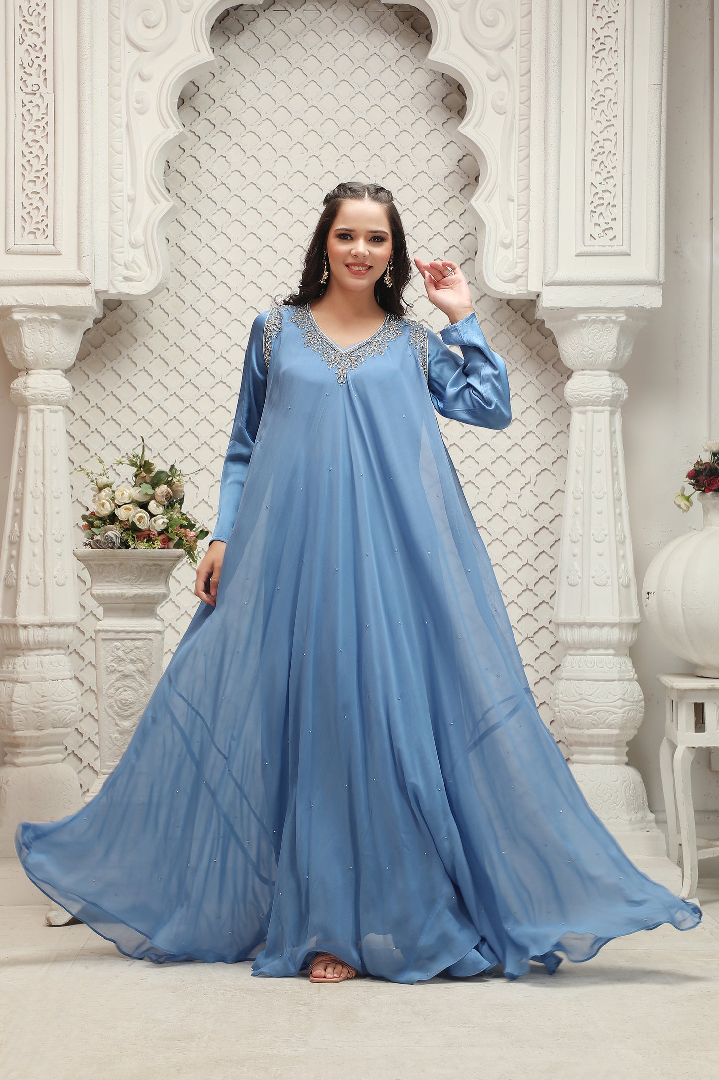 Elegant Sky Blue Embellished Kaftan Gown with Flowing Silhouette - Maxim Creation
