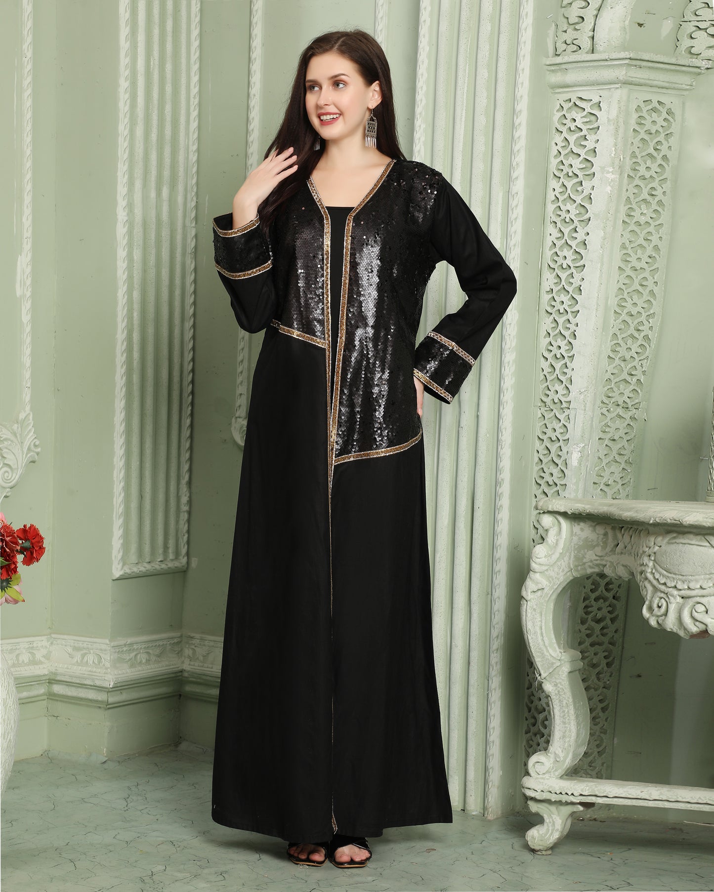 Designer Sequin Style Black Kaftan With Cut Dana Work