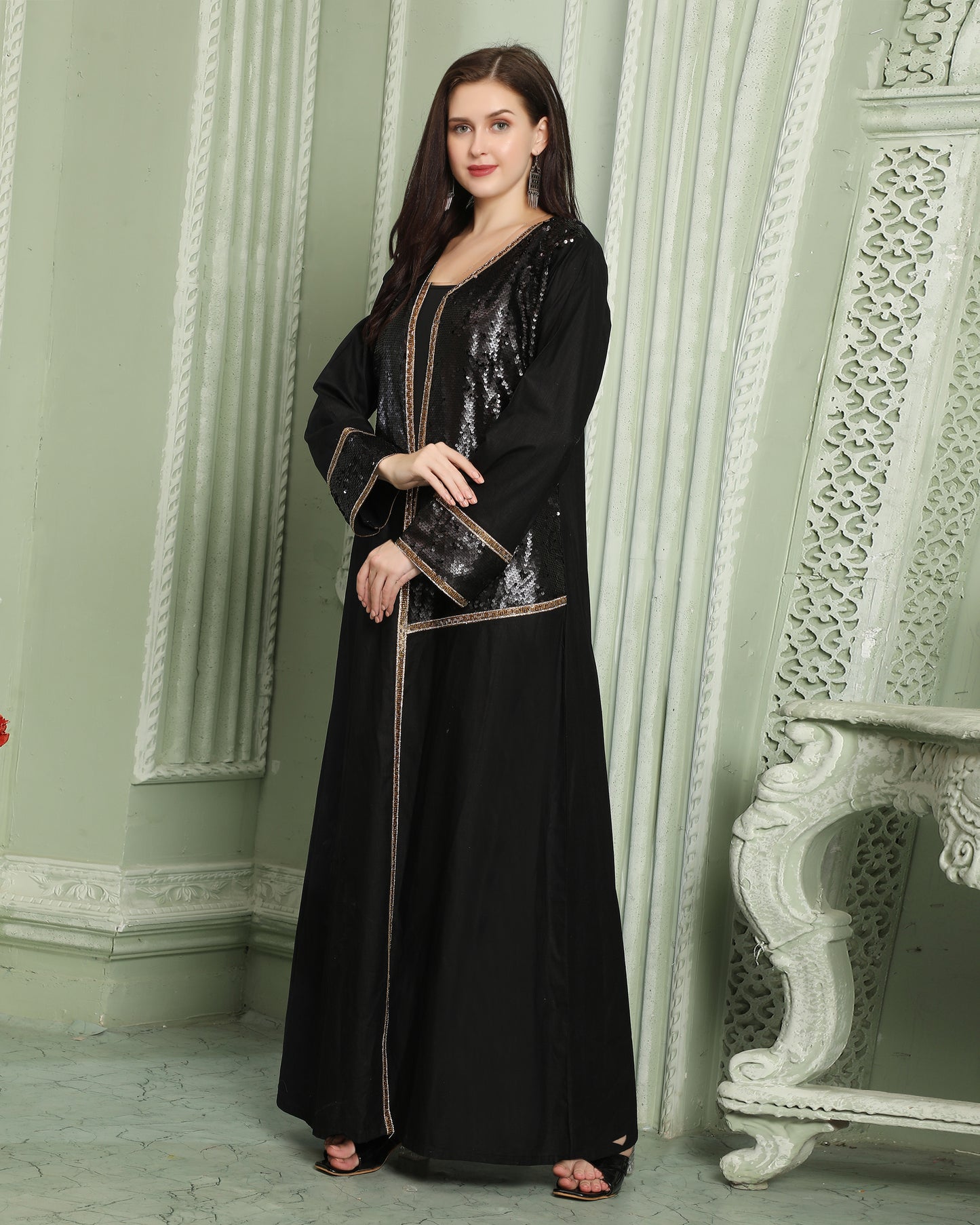 Designer Sequin Style Black Kaftan With Cut Dana Work