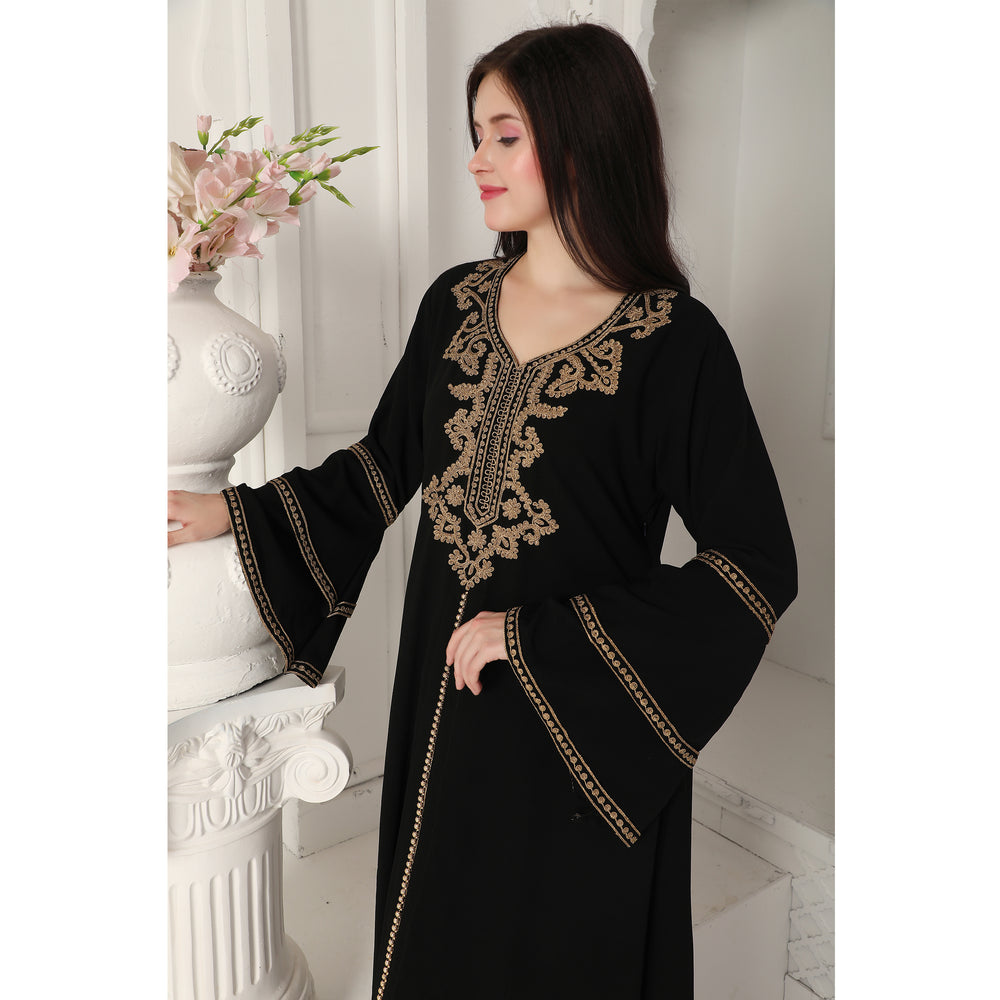 Black Jalabiya Kaftan with Gold Embroidery Double Flaired Sleeve