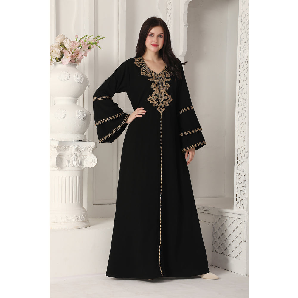 
                  
                    Black Jalabiya Kaftan with Gold Embroidery Double Flaired Sleeve
                  
                