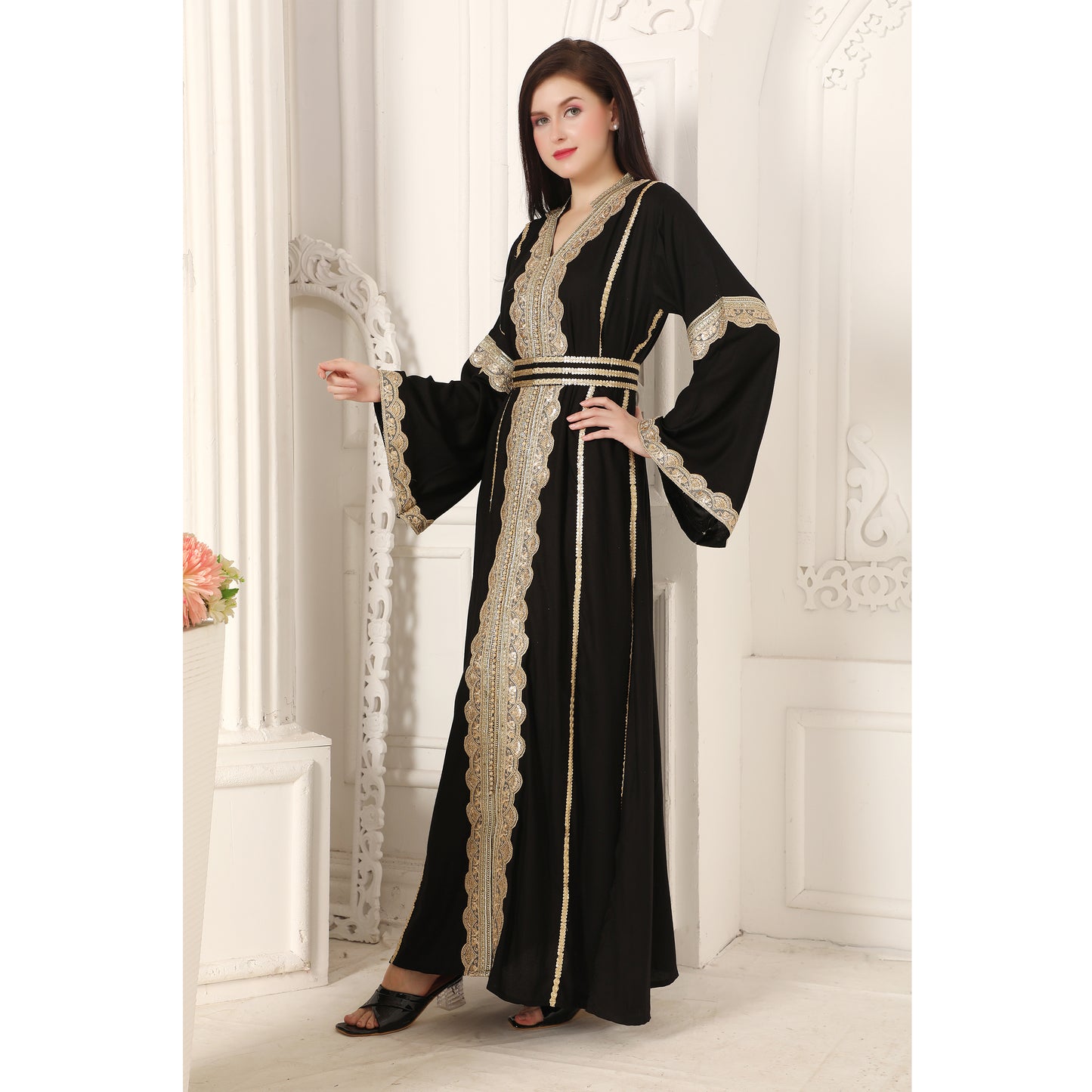 Designerwear Jalabiya Kaftan with Golden lacework