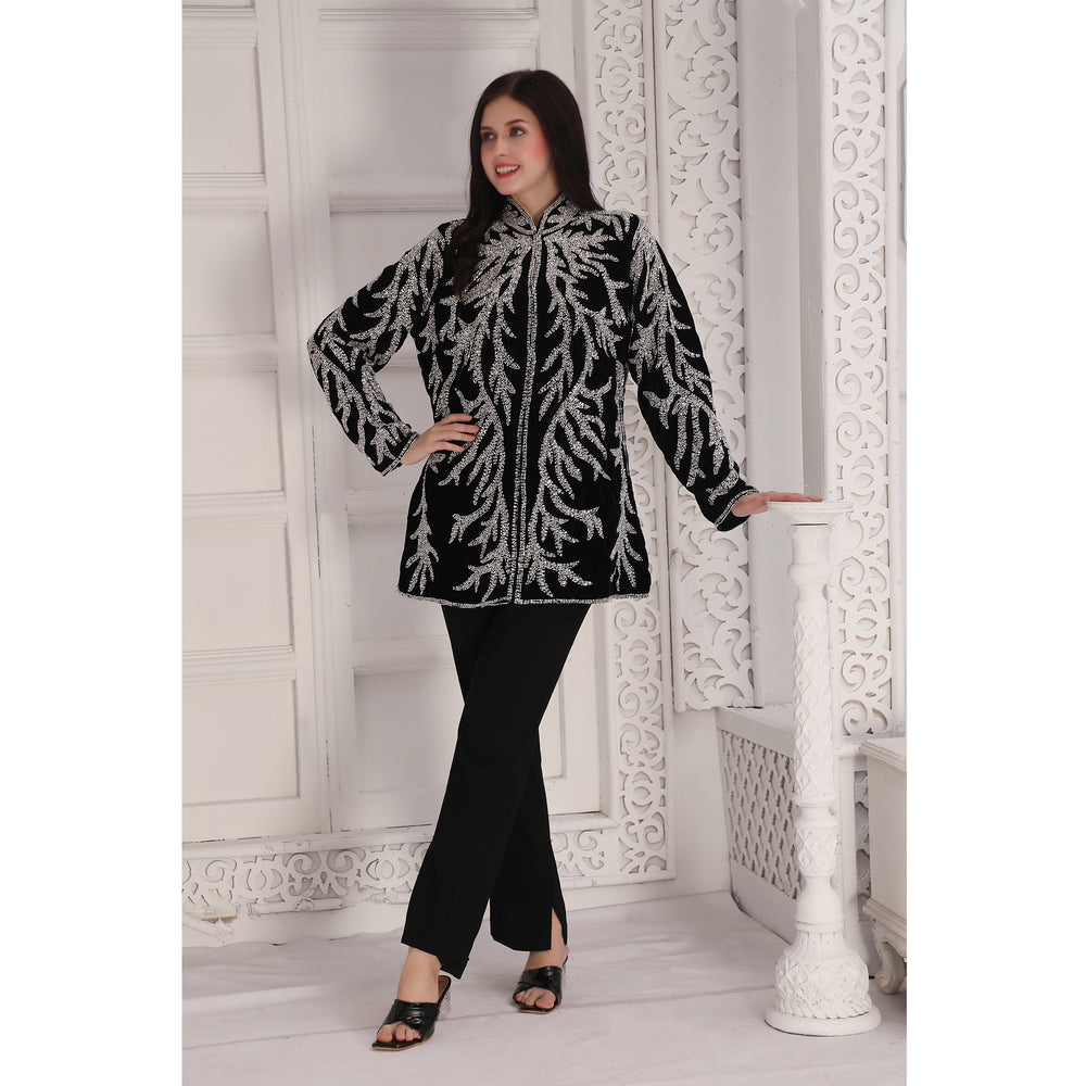 Designer Black Velvet Jacket with Silver Crystal Hand Embroidery & Cut Dana (Jacket only)