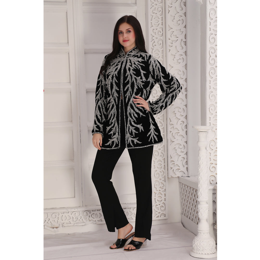 
                  
                    Designer Black Velvet Jacket with Silver Crystal Hand Embroidery & Cut Dana (Jacket only)
                  
                