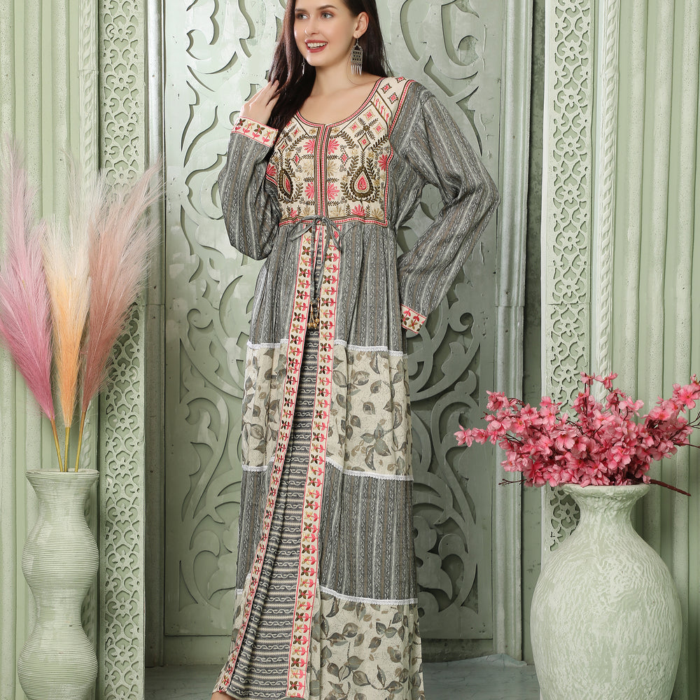 Designer-wear Kaftan With Embroidery And Block Print Pattern