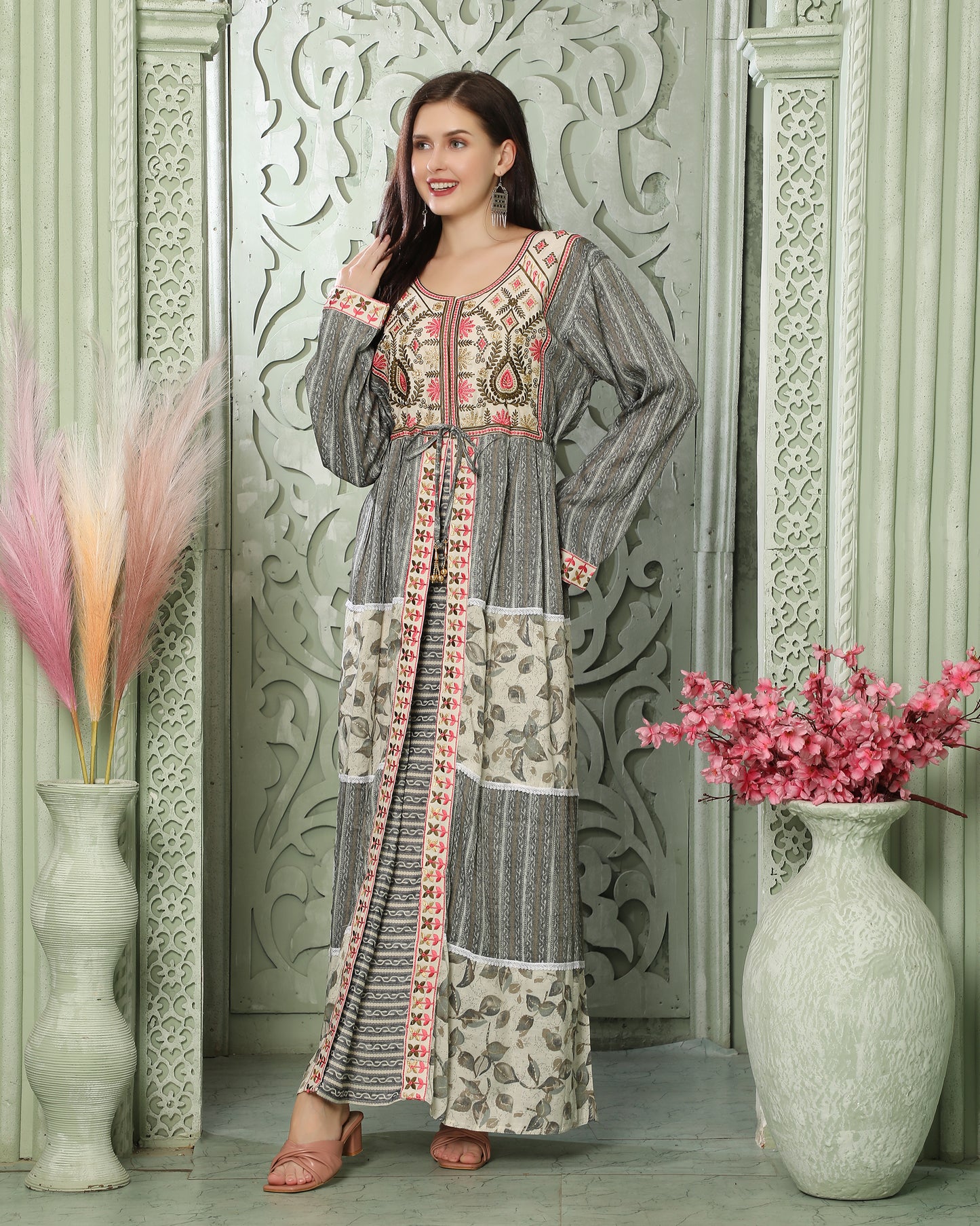Designer-wear Kaftan With Embroidery And Block Print Pattern