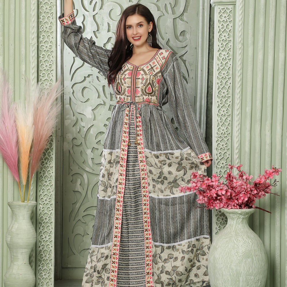 Designer-wear Kaftan With Embroidery And Block Print Pattern