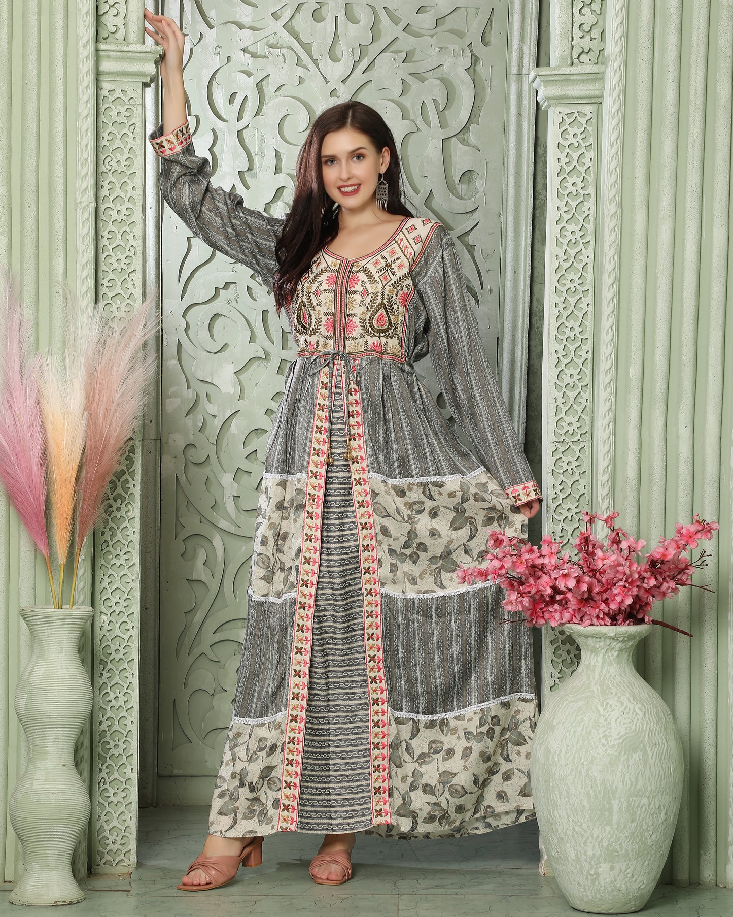 Designer-wear Kaftan With Embroidery And Block Print Pattern