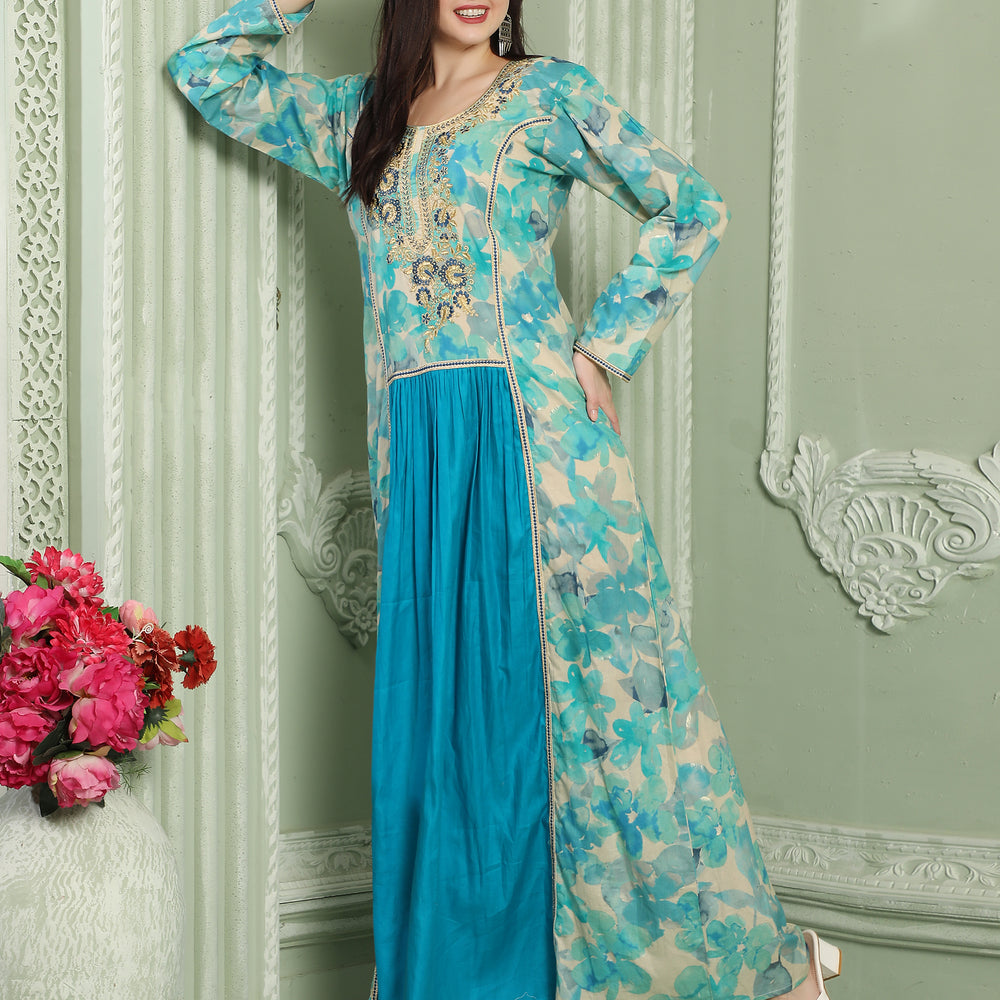 Blue Floral Jalabiya Kaftan With Aari Embellishment
