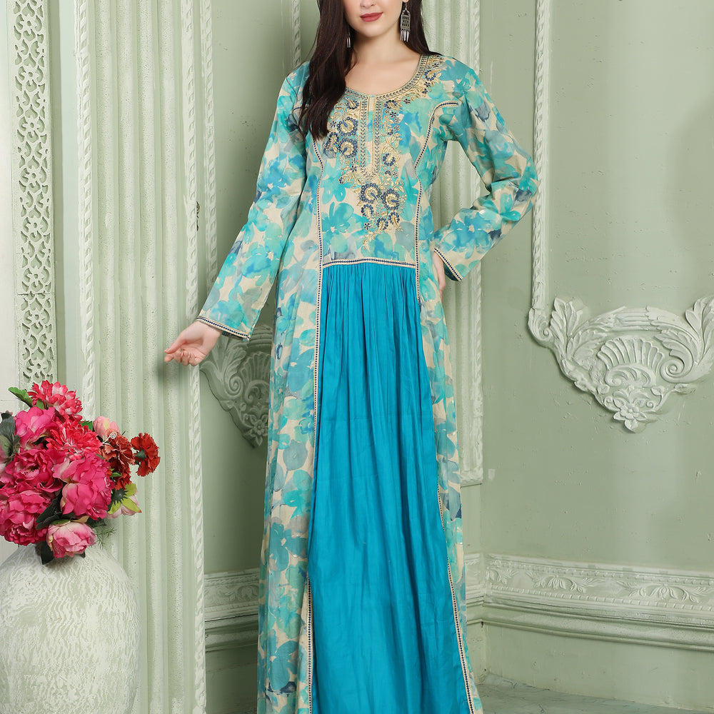 Blue Floral Jalabiya Kaftan With Aari Embellishment