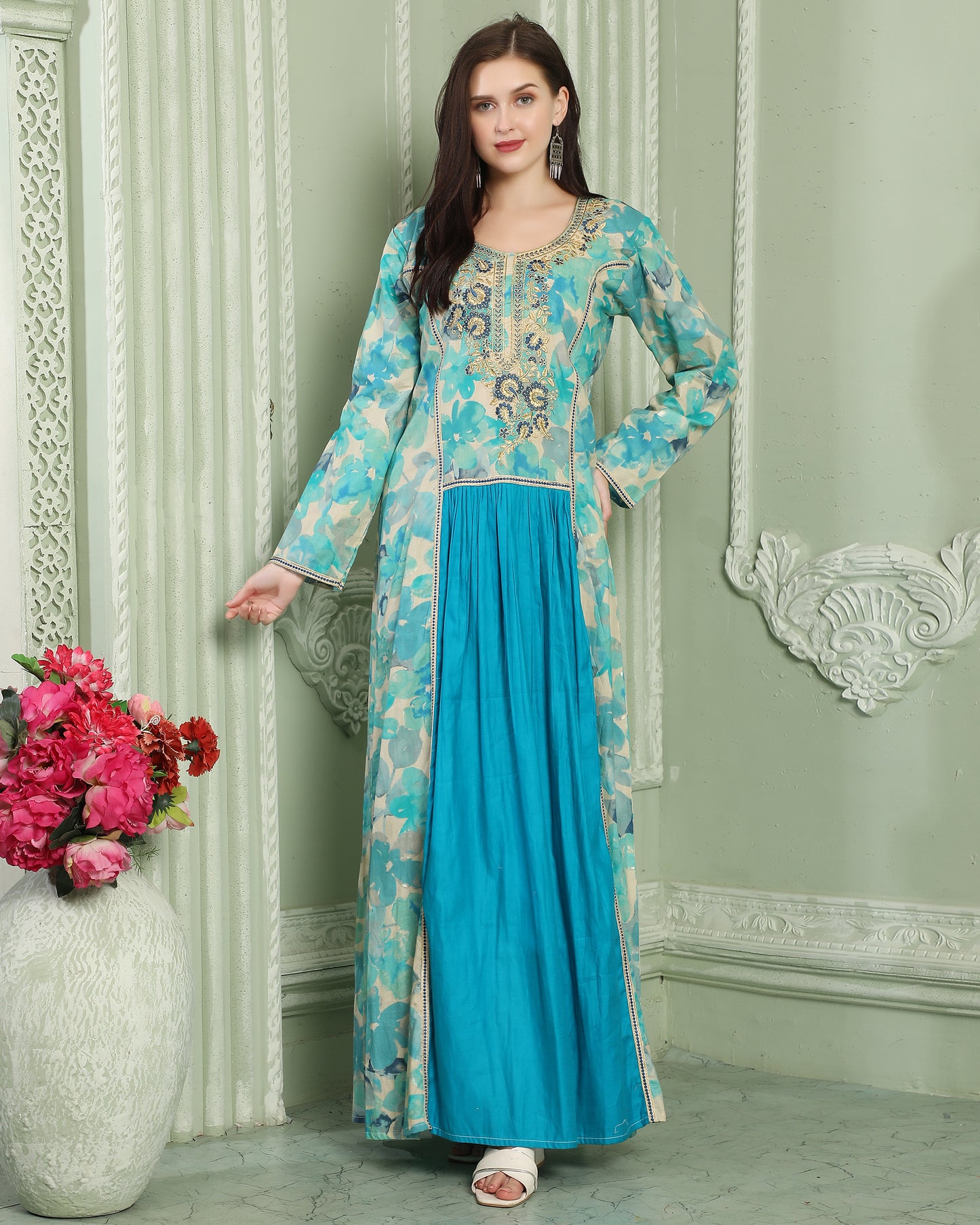 Blue Floral Jalabiya Kaftan With Aari Embellishment