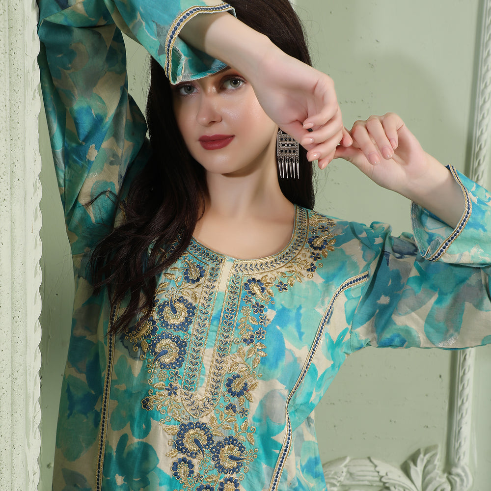 
                  
                    Blue Floral Jalabiya Kaftan With Aari Embellishment
                  
                
