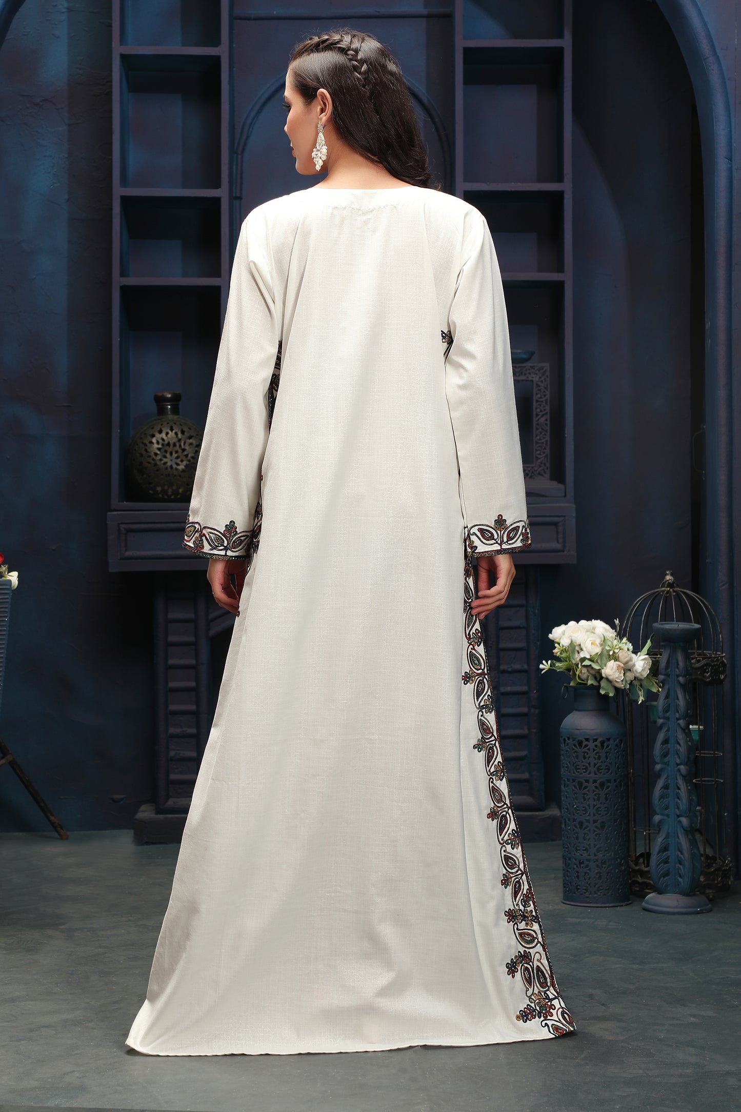 Premium Off-White Long Kaftan with Multicolor Neck Detailing - Maxim Creation