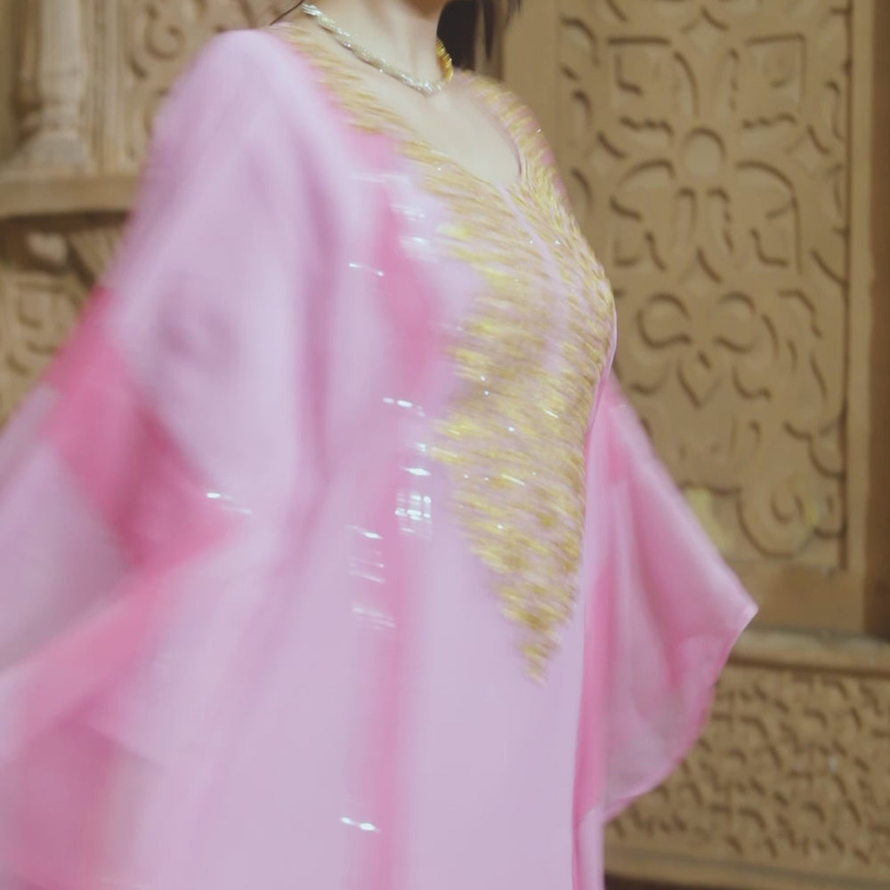 
                  
                    Load and play video in Gallery viewer, Pink Maxi Kaftan Dubai Farasha Zari And Stone Work Dress
                  
                