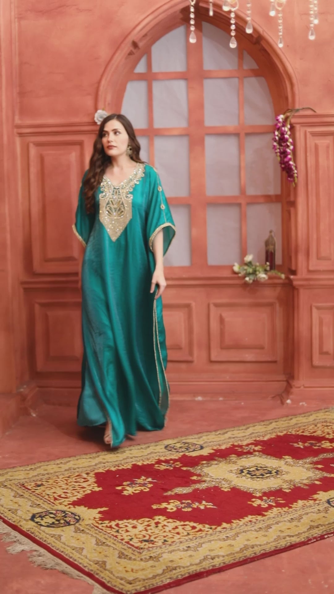 Teal Blue Satin Evening Dress with Crystal-Sequin Embroidery