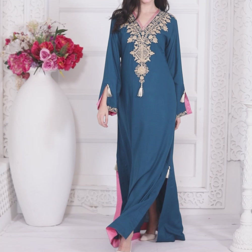 
                  
                    Load and play video in Gallery viewer, Peacock Blue Arabic Style Kaftan Farasha
                  
                