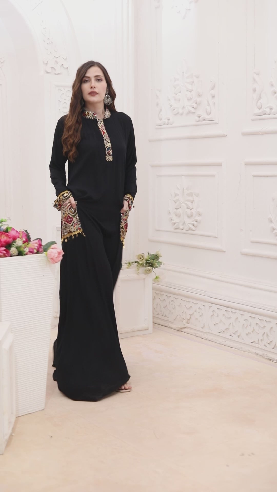Tribal Embroidered Black Dress with Tassels