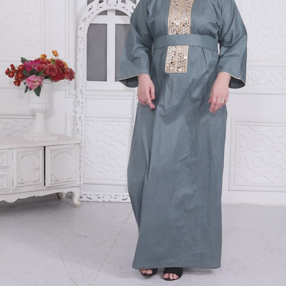 
                  
                    Charger et lire la vidéo dans la visionneuse de la galerie, Aabla Work Mirror Finish Jalabiya Kaftan For Women
                  
                