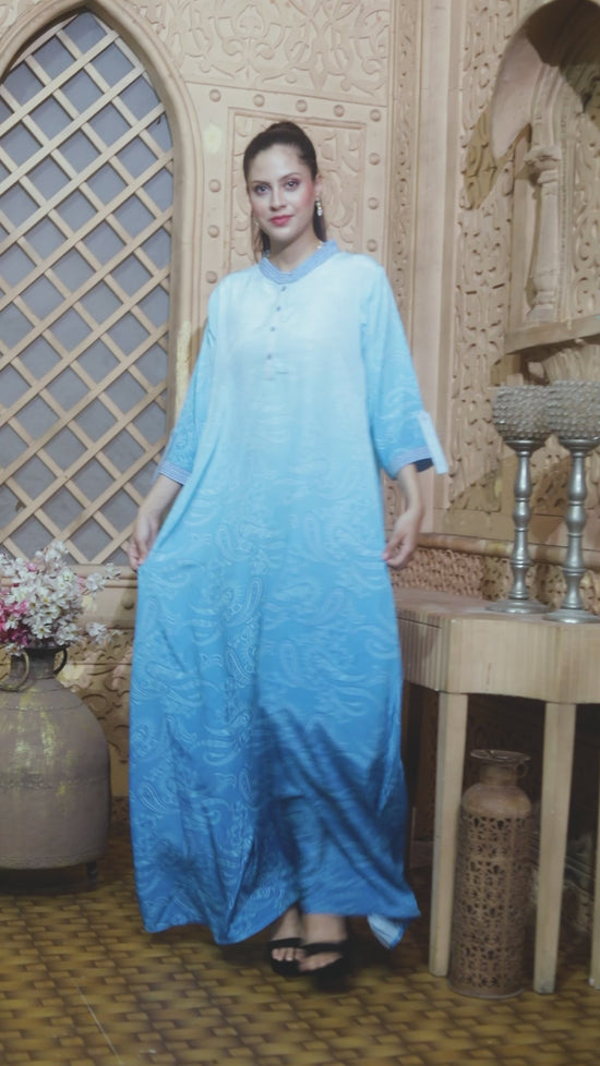 Load and play video in Gallery viewer, Shaded Blue Kaftan Farasha Long Maxi Dress
