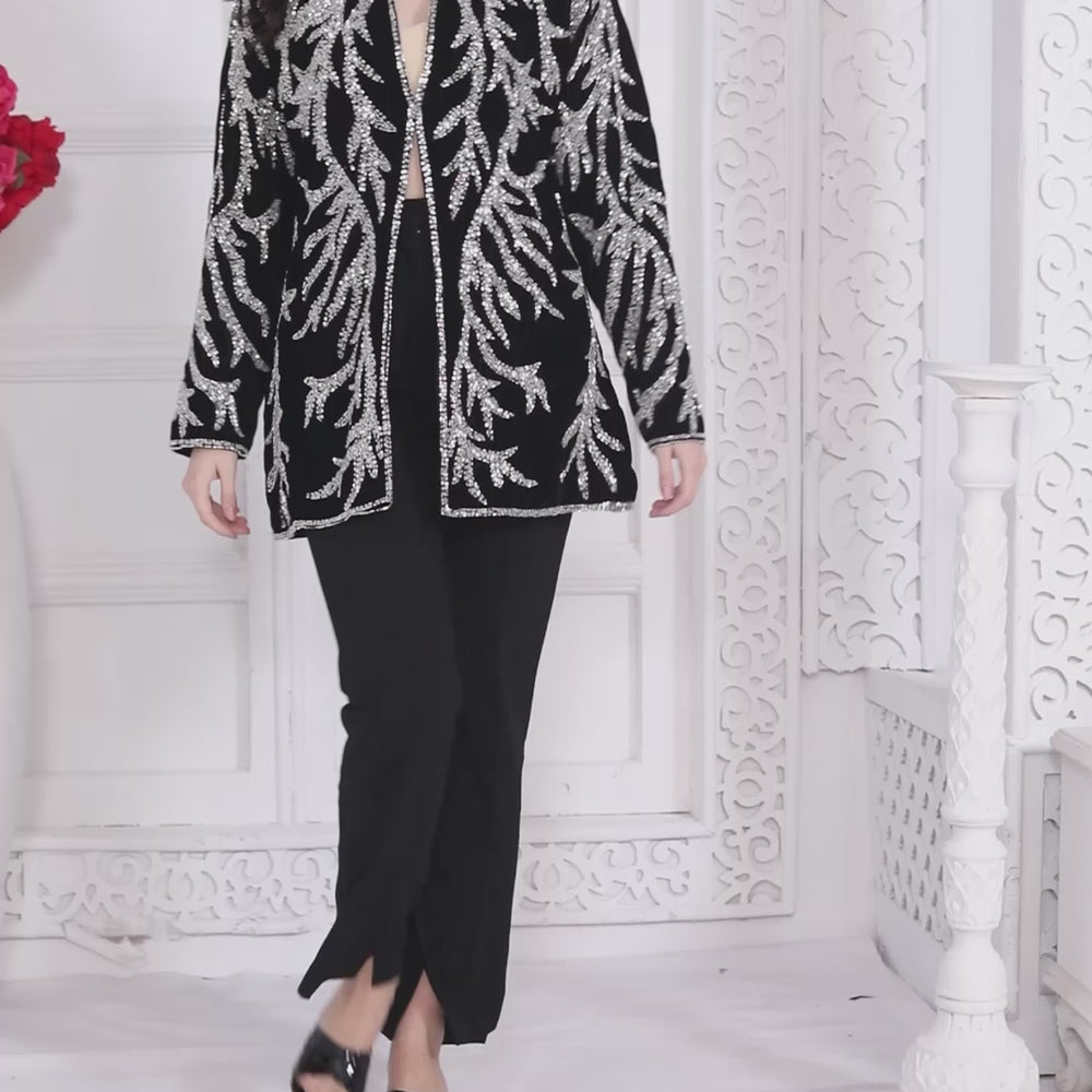 
                  
                    Load and play video in Gallery viewer, Designer Black Velvet Jacket with Silver Crystal Hand Embroidery &amp;amp; Cut Dana (Jacket only)
                  
                