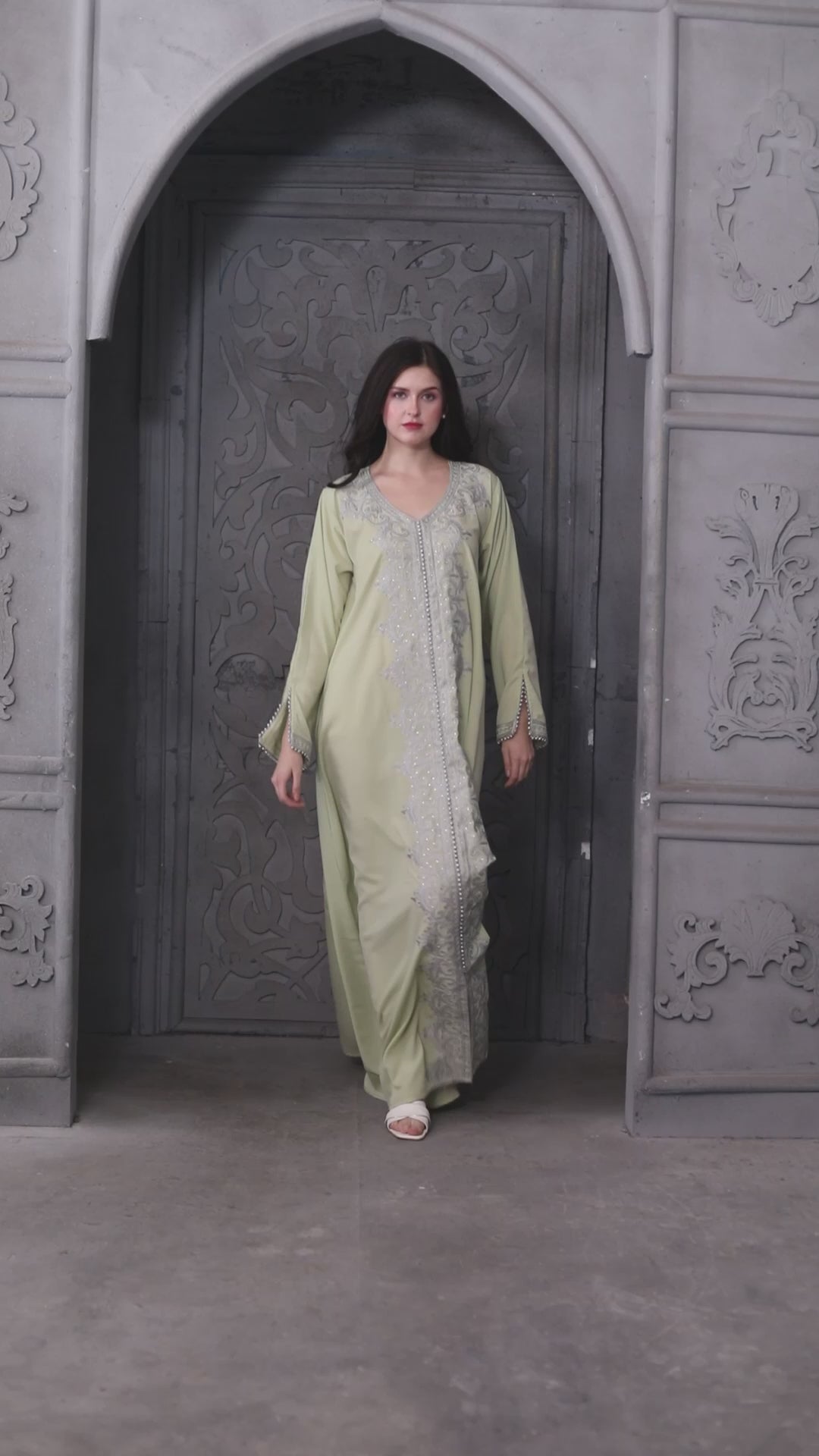 Intricate Silver Embroidery Dubai Kaftan Arabic Dress