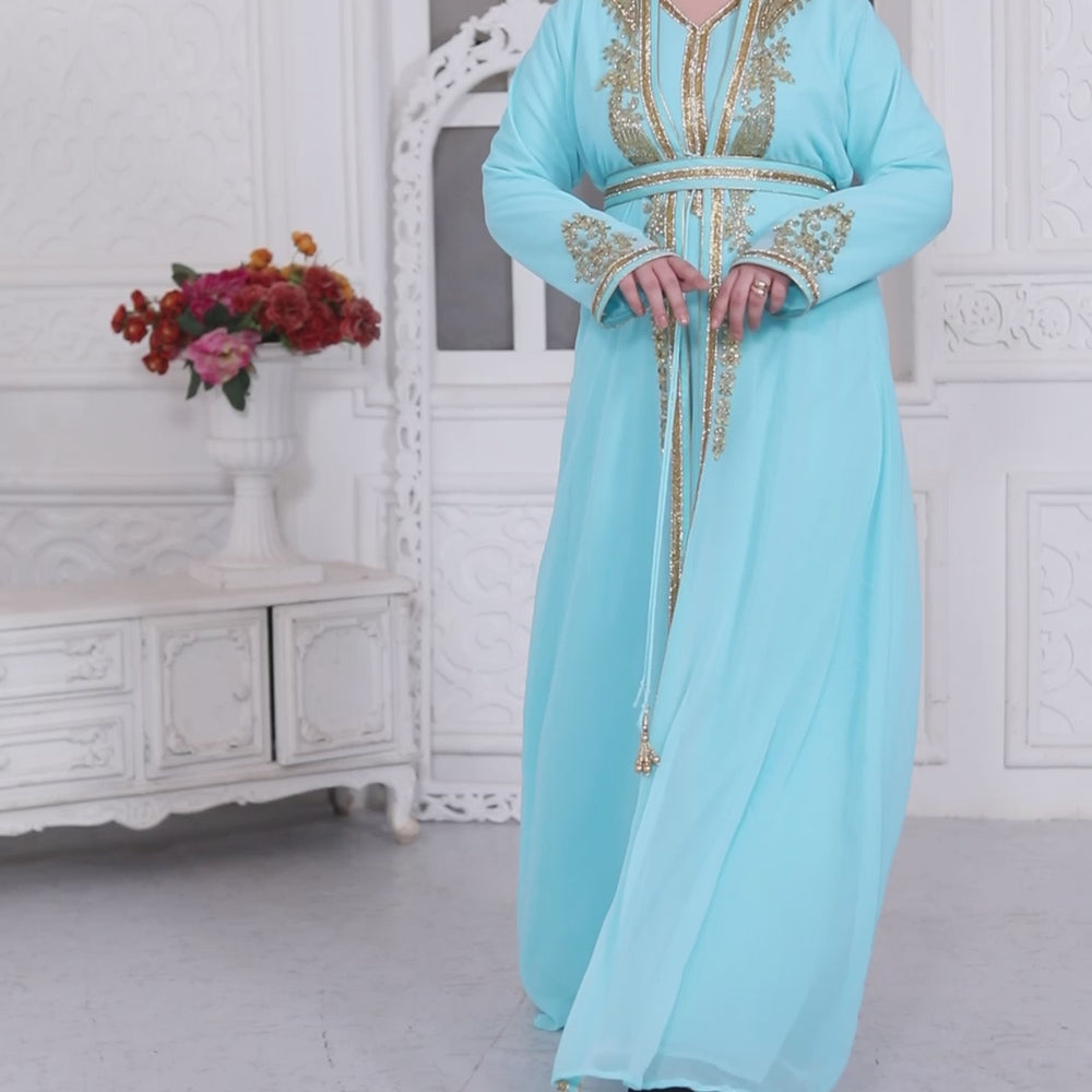 
                  
                    Charger et lire la vidéo dans la visionneuse de la galerie, Sky Blue Kaftan In Gold Bling Embroidery
                  
                