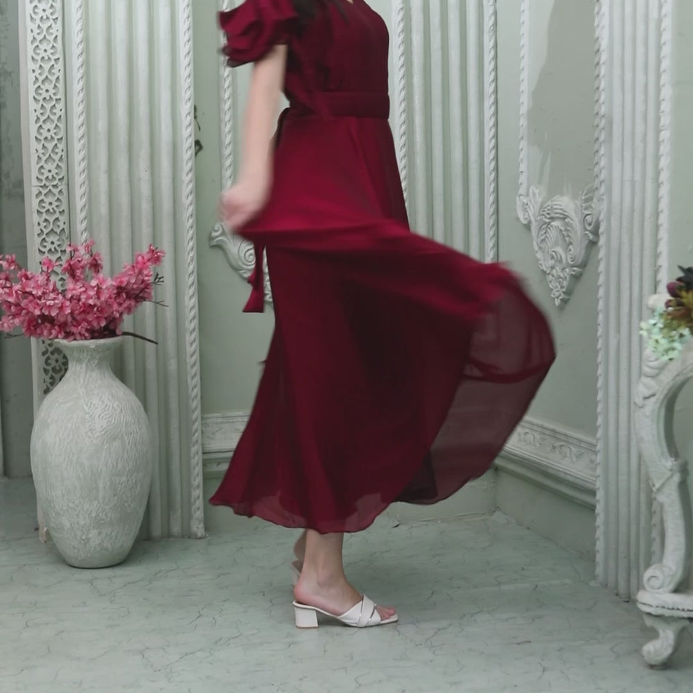 
                  
                    Load and play video in Gallery viewer, Cherry Red Partywear Heart Neck Dress
                  
                
