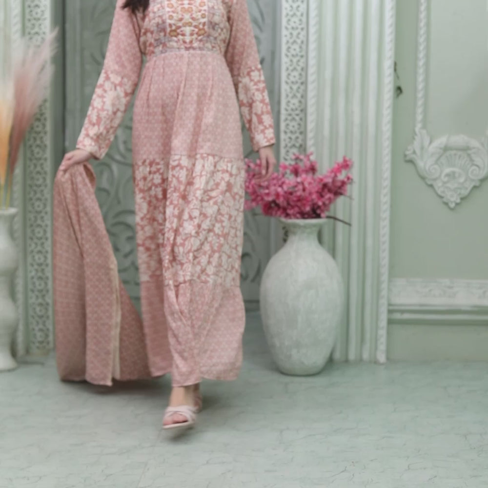
                  
                    Load and play video in Gallery viewer, Designer-wear Flaired Farasha Dress With Block Pattern And Embroidery
                  
                