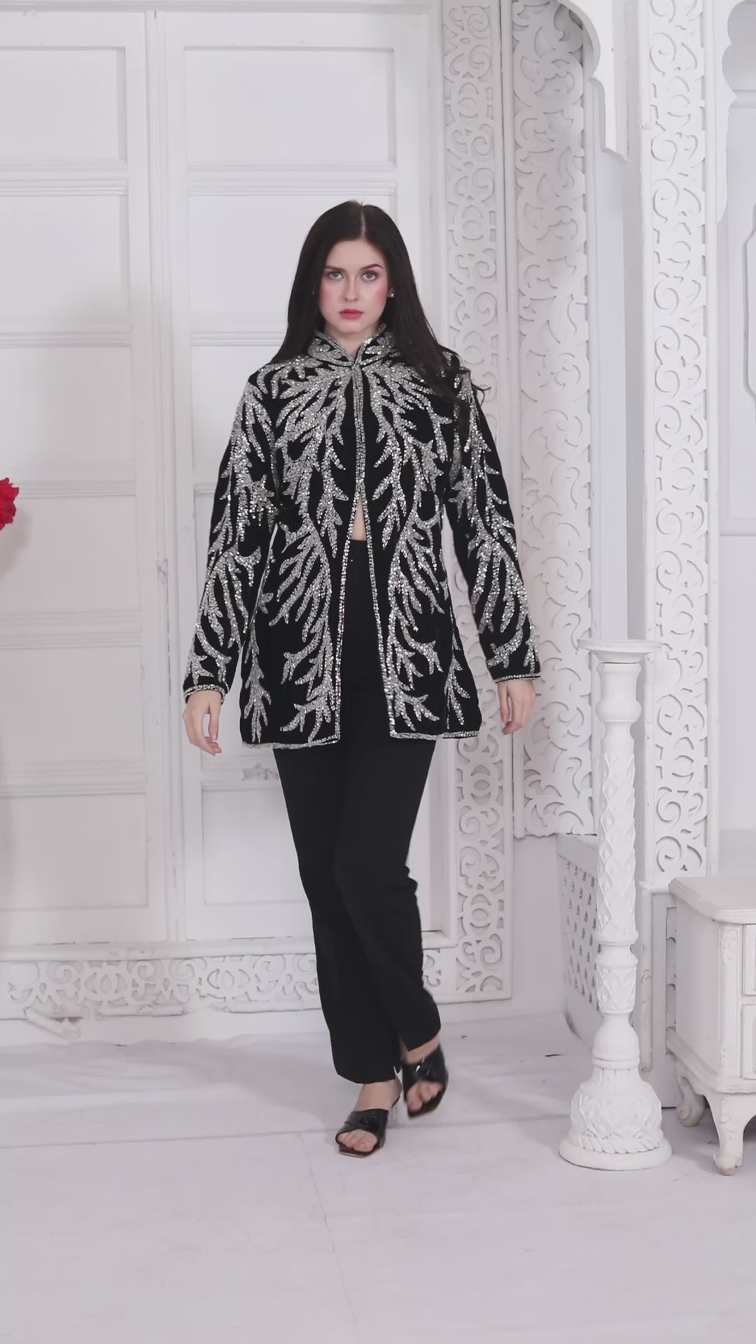 Designer Black Velvet Jacket with Silver Crystal Hand Embroidery & Cut Dana (Jacket only)