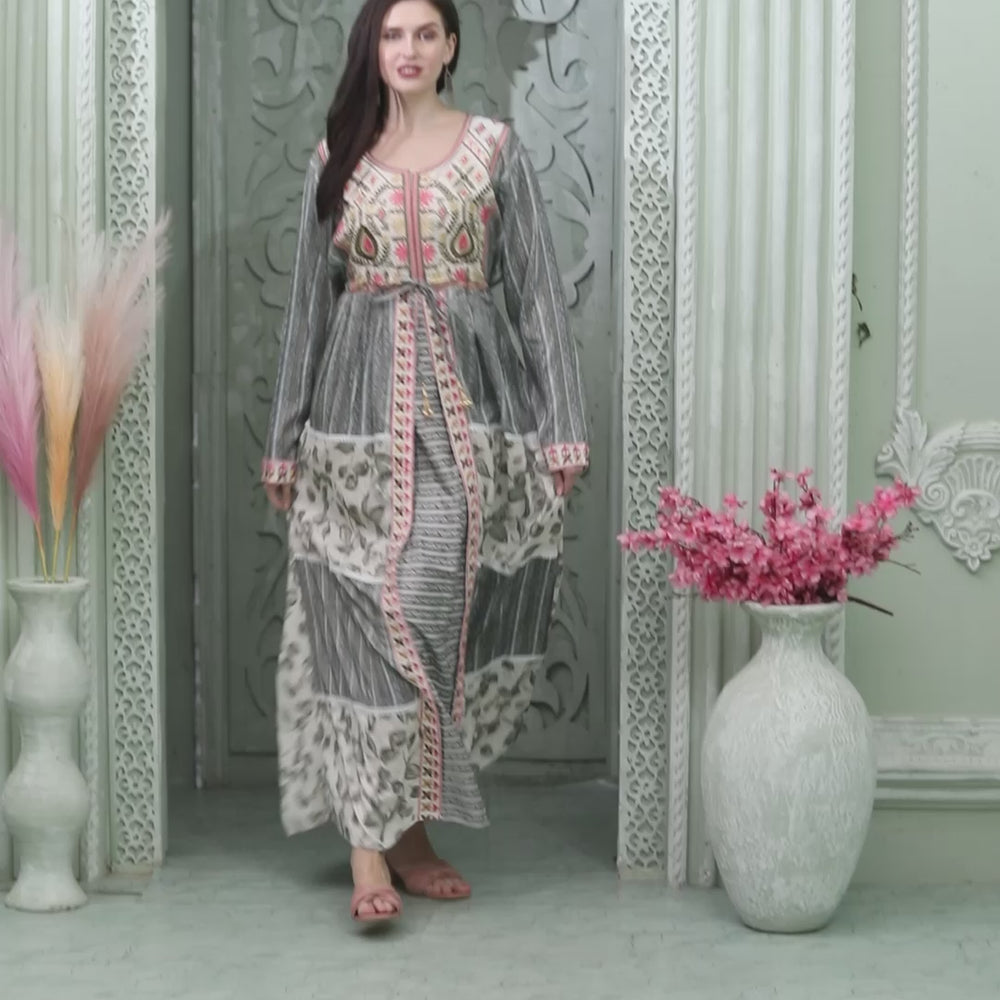 
                  
                    Load and play video in Gallery viewer, Designer-wear Kaftan With Embroidery And Block Print Pattern
                  
                