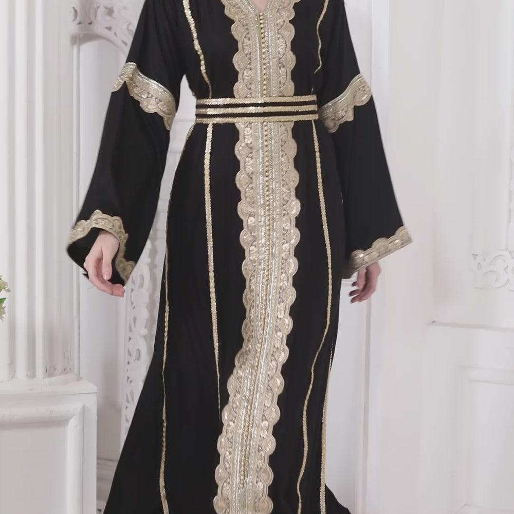 
                  
                    Load and play video in Gallery viewer, Designerwear Jalabiya Kaftan with Golden lacework
                  
                