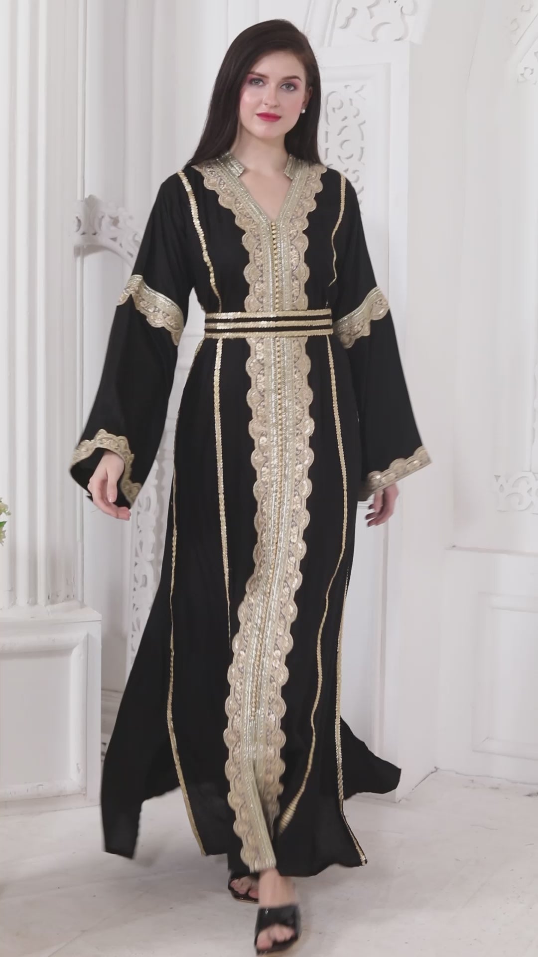 Designerwear Jalabiya Kaftan with Golden lacework