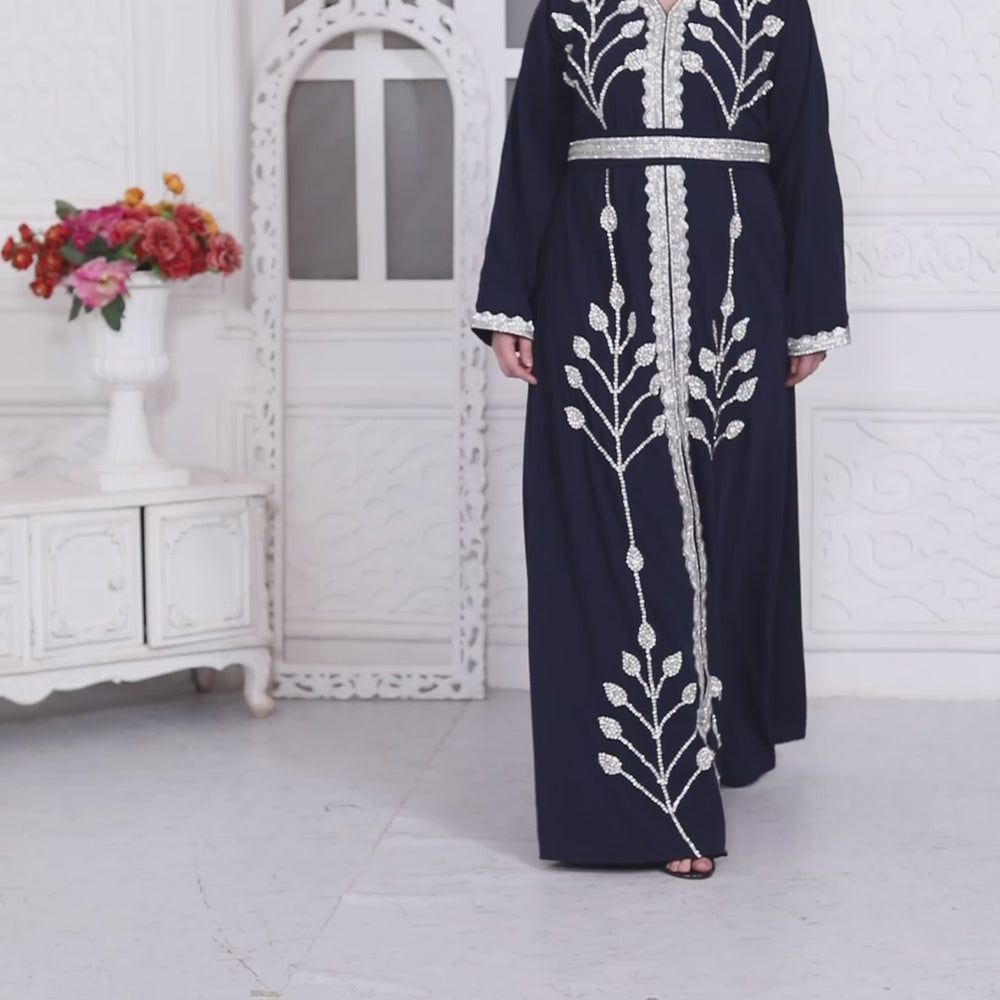 
                  
                    Charger et lire la vidéo dans la visionneuse de la galerie, Navy Blue Kaftan With Hand Embroidery And Cut Dana
                  
                