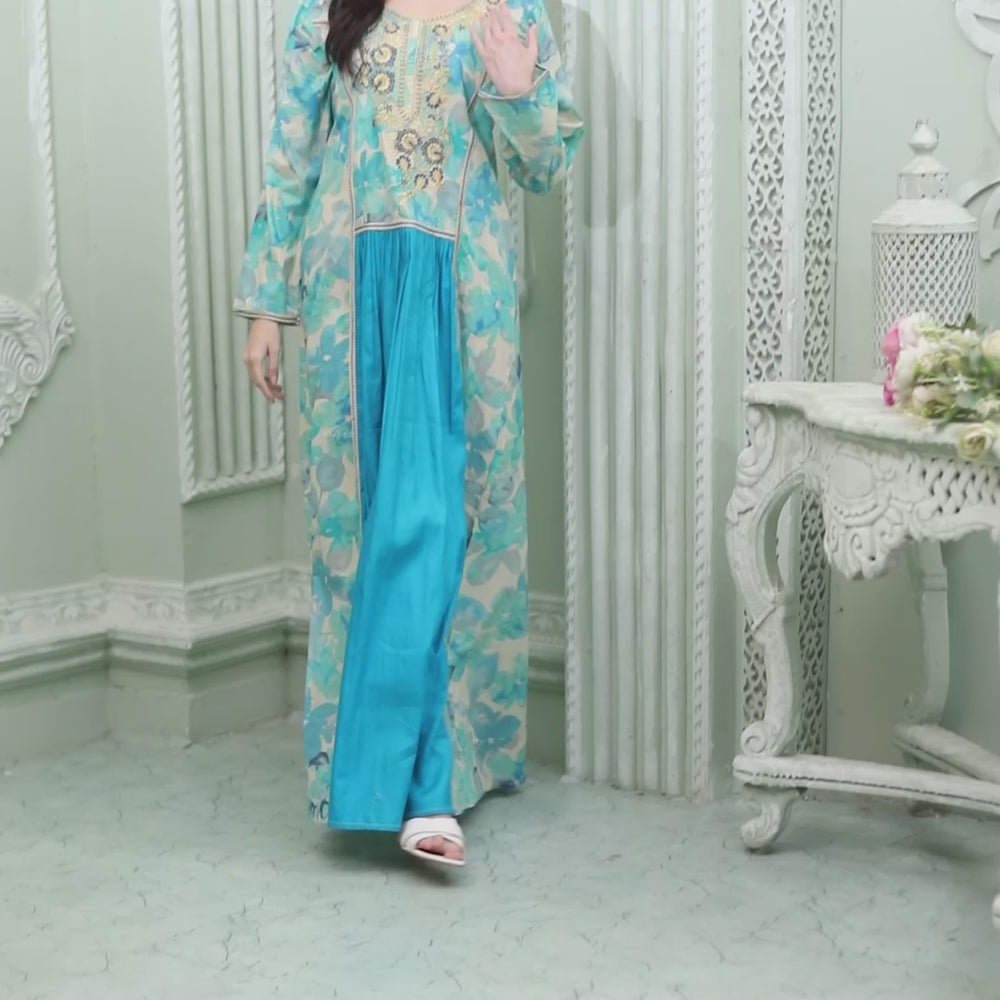 
                  
                    Charger et lire la vidéo dans la visionneuse de la galerie, Blue Floral Jalabiya Kaftan With Aari Embellishment
                  
                