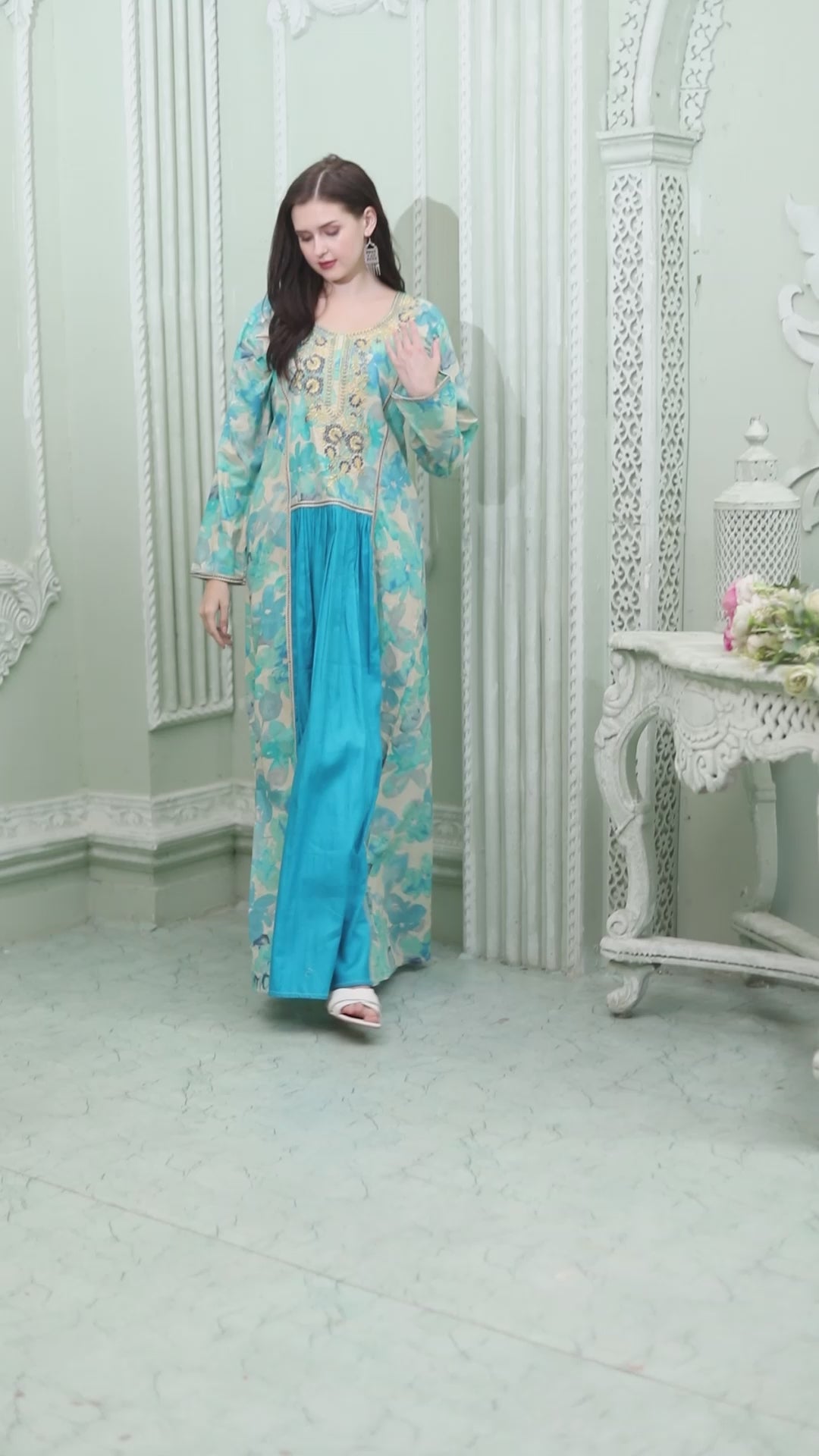 Blue Floral Jalabiya Kaftan With Aari Embellishment