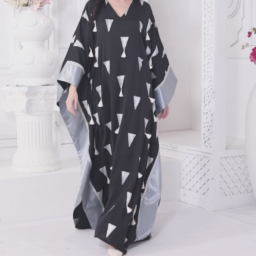 
                  
                    Load and play video in Gallery viewer, Flowy Kaftan Dress with Tassels &amp;amp; Silver print
                  
                