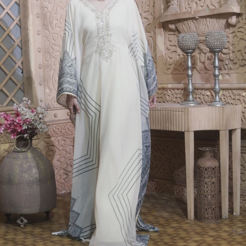 
                  
                    Load and play video in Gallery viewer, Beige Dubai Kaftan Farasha Long Maxi Gown Kimono style
                  
                