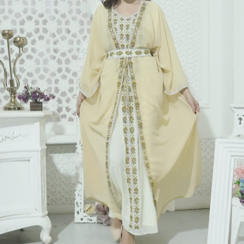 
                  
                    Load and play video in Gallery viewer, Eid Morocco Gown Women Takchita Beige Dress
                  
                