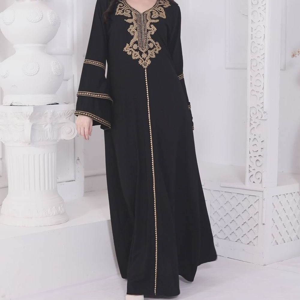 
                  
                    Load and play video in Gallery viewer, Black Jalabiya Kaftan with Gold Embroidery Double Flaired Sleeve
                  
                