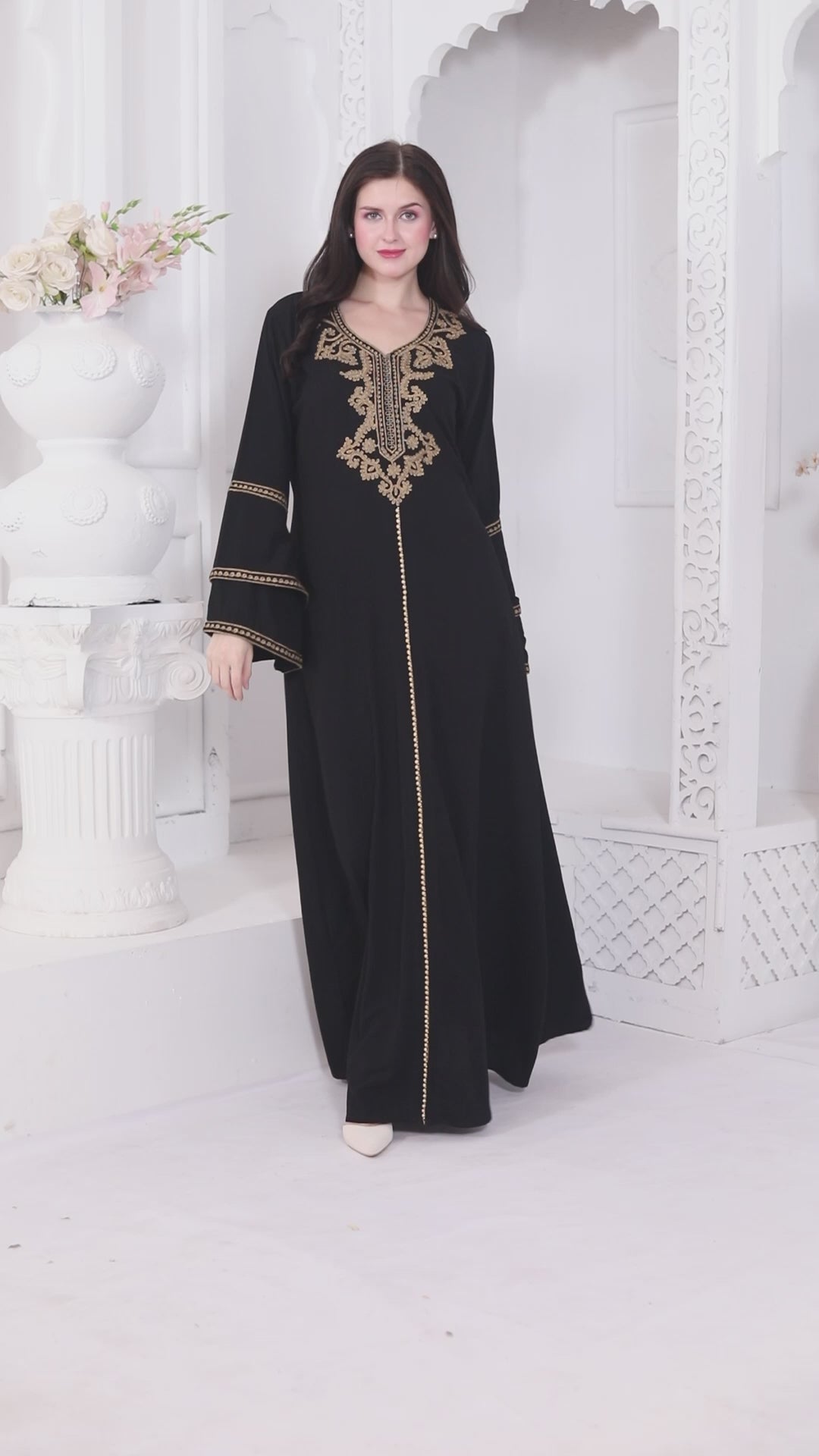 Black Jalabiya Kaftan with Gold Embroidery Double Flaired Sleeve