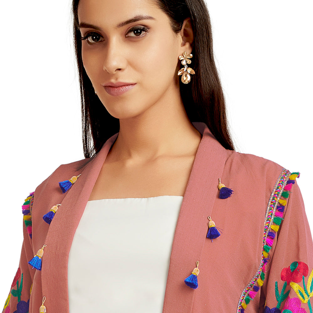 
                  
                    Multipurpose Long Cardigan in Rusty Pink with Colorful embroidery - Maxim Creation
                  
                