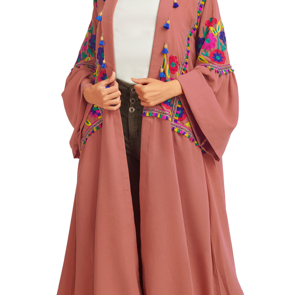 Multipurpose Long Cardigan in Rusty Pink with Colorful embroidery - Maxim Creation