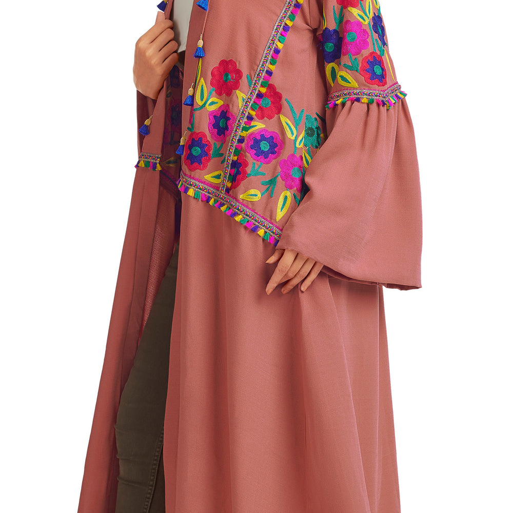 Multipurpose Long Cardigan in Rusty Pink with Colorful embroidery - Maxim Creation
