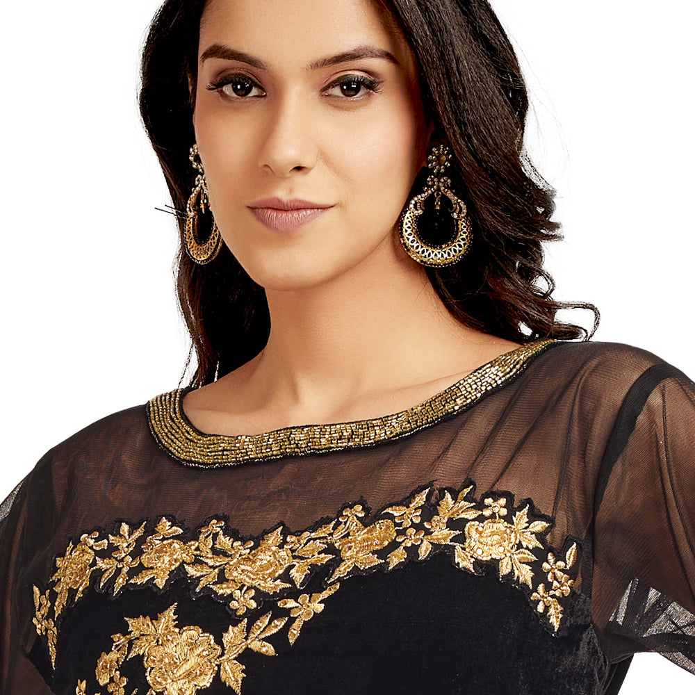 
                  
                    Black Velvet Party Gown with Long Sleeve - Maxim Creation
                  
                